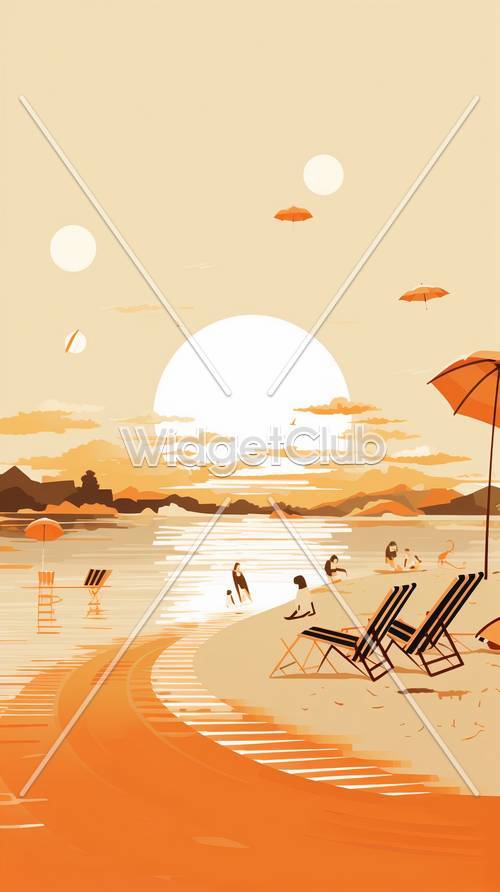 Scena na plaży o zachodzie słońca z kolorowymi parasolami i relaksującymi krzesłami