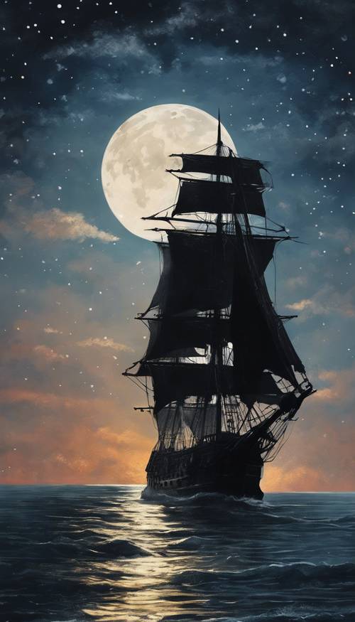 A painting-like scene of a moonlit sea with a black sailing ship silhouetted against it.