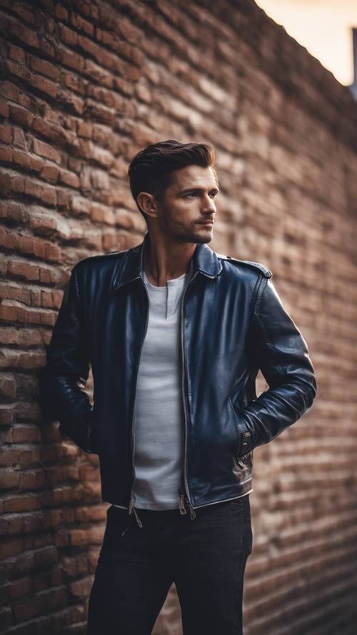 A man in a navy-blue leather jacket leaning against a brick wall in a cityscape during dusk.