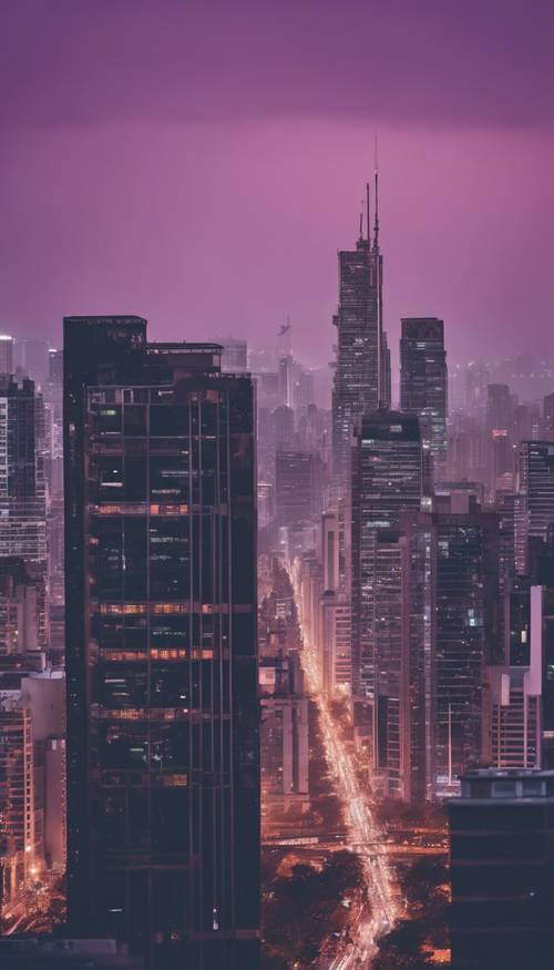A contemporary city skyline under a dusky purple sky. Behang [fff999c7bed8457a9954]