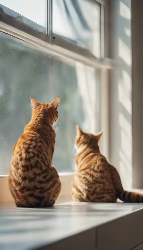 在一間燈火通明的現代廚房裡，三隻貓坐在窗台邊。 牆紙 [a9423924c0f448779acc]