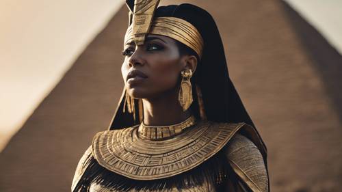 고대 이집트 의상을 입은 강력한 흑인 여왕이 피라미드 옆에 서 있습니다.