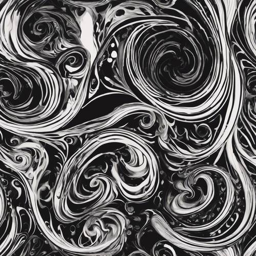 Des motifs complexes à l’encre noire foncée tourbillonnant dans un dessin abstrait.