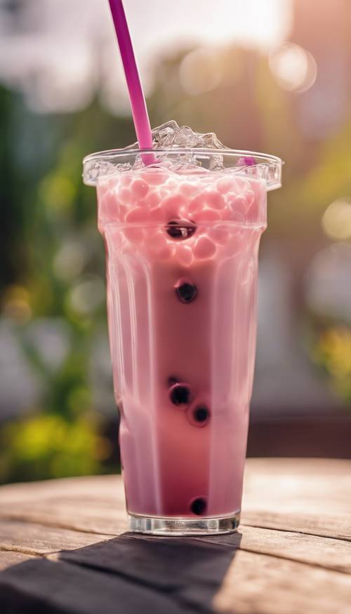 A refreshing picture of a chilled pink boba tea glass, being served outdoors under the summer sun.