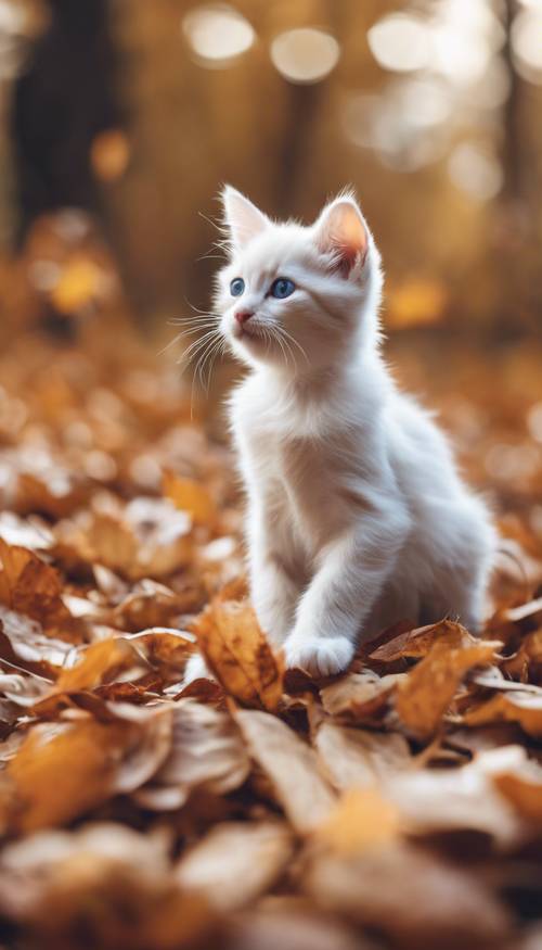 A playful kitten with pure white fur playing with a pile of autumn leaves.