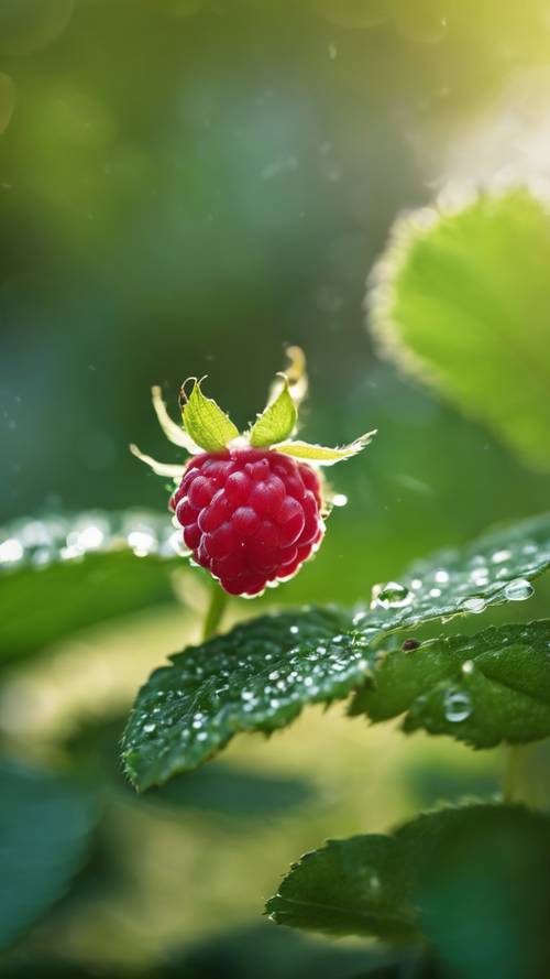 A single ripe raspberry, glistening with morning dew, resting on a bed of vibrant green leaves.