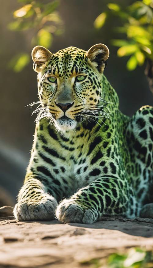 Ein grüner Leopard sonnt sich im Morgensonnenlicht, die Augen sind halb geschlossen.