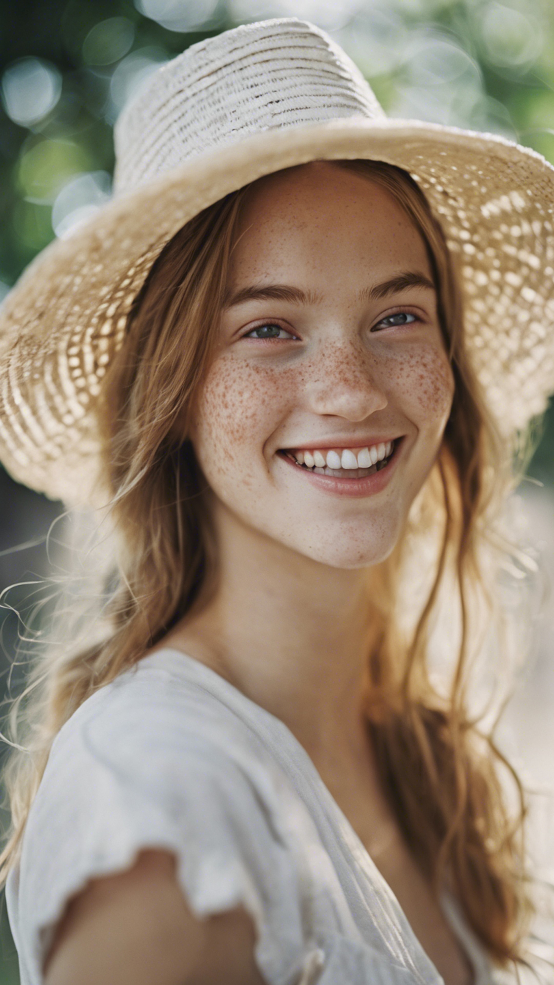 A portrait of a cute girl with freckles and a big smile, wearing a white straw hat. Tapeta[344e43c9fe594ea98e55]