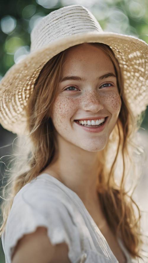 A portrait of a cute girl with freckles and a big smile, wearing a white straw hat.