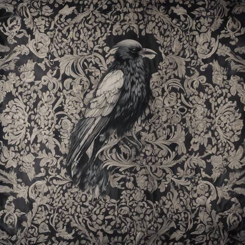 An intricate Gothic Damask design on a silvery silk scarf, detailed with black raven feathers pattern