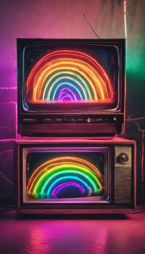 Arco iris de neón mostrado en la pantalla de un televisor antiguo.
