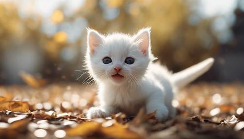 Seekor anak kucing putih yang lucu sedang memukul-mukul daun putih yang jatuh.