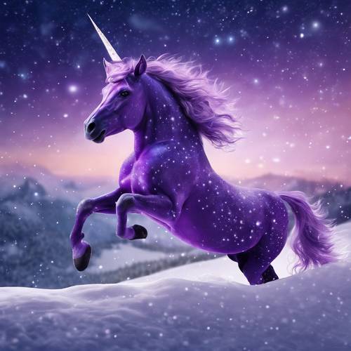 Seekor unicorn ungu berlari melintasi pegunungan bersalju di bawah langit malam berbintang.