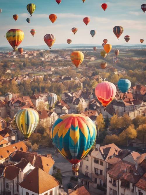 Eine verträumte Szene mit bunten, niedlichen Heißluftballons, die über einer historischen Stadt schweben.