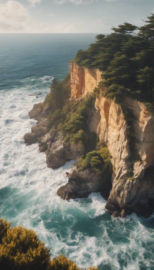 A hyperrealistic mural of a coastal cliff lined with cypress trees, with the ocean waves crashing beneath. Tapet [9c7dc49eed87497aa5b7]