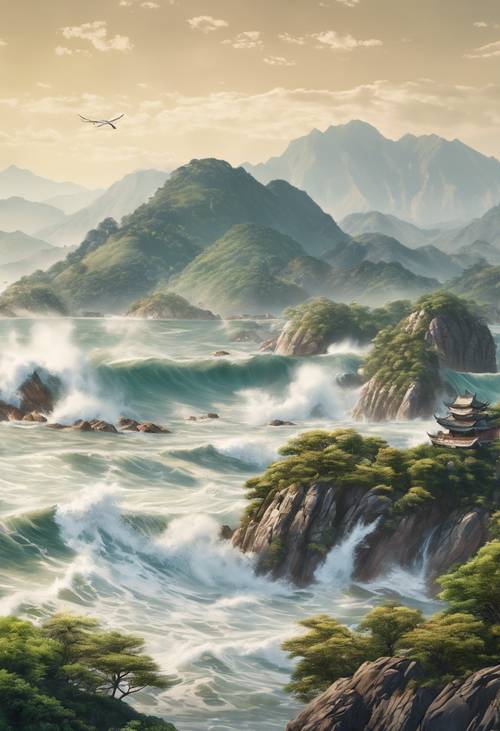 Chinese landscape painting featuring rolling waves crashing against mountains