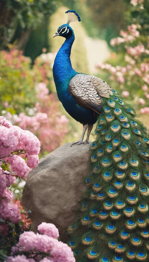 Dumny paw w dużym królewskim ogrodzie, rozkładający kolorowe pióra ogona podczas kwitnącej wiosny.