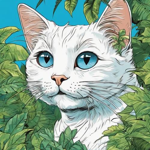 Yemyeşil bir ormanı keşfeden, gözleri merakla dolu, gök mavisi gözlü maceracı beyaz çizgi film kedisi.