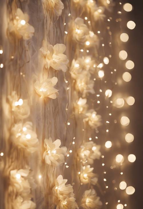 A cream-colored floral tapestry draped on a wall with fairy lights.