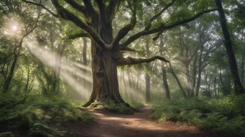 Sebuah jalan setapak di hutan yang tenang, sinar matahari mengintip dari balik rimbunnya pepohonan, dengan kata-kata &#39;Ketenangan bukanlah Kebebasan dari Badai tetapi Kedamaian di Tengah Badai&#39; terukir pada kulit pohon yang paling penting.