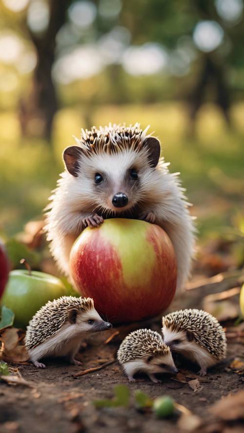 A family of hedgehogs happily eating a fallen apple in an orchard.