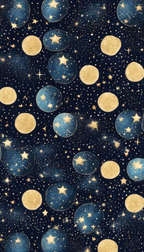 Un patrón sin costuras que muestra una brillante escena nocturna estrellada adornada con brillo oscuro.