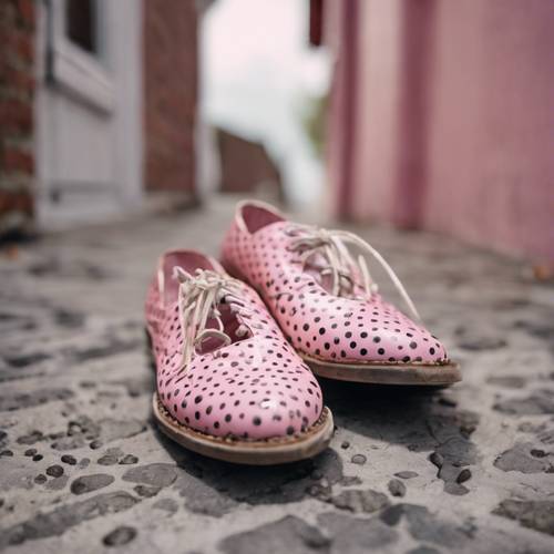 Un paio di scarpe rosa a pois logore lasciate sulla soglia di casa