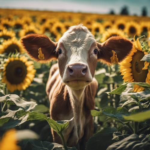 A baby calf hiding playfully behind its mother in a field of sunflowers.