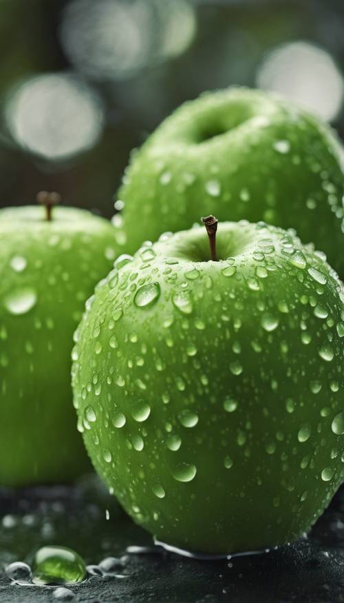 A close-up of a juicy, green Granny Smith apple, cool droplets of water visible on the skin.