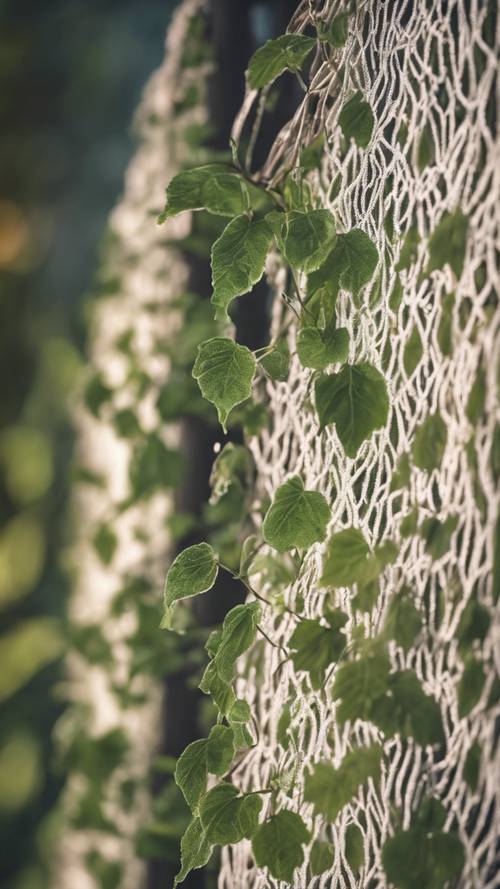 Detailed shot of delicate vines and leaves woven into fine lace fabric.
