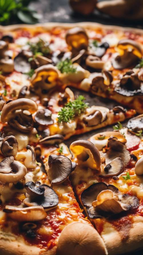 A delectable, savory pizza topped with various cute, colorful edible mushrooms and molten cheese, fresh from the oven.