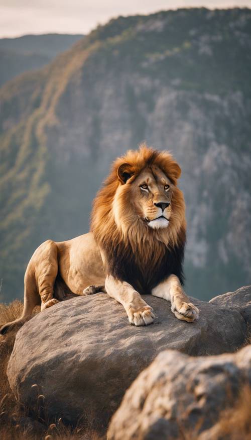 Ein majestätischer Löwe mit einer goldbraunen Aura, der majestätisch auf einem felsigen Hügel steht.