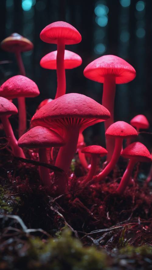 Crimson neon mushrooms brightly glowing amid a pitch dark wilderness surrounding.