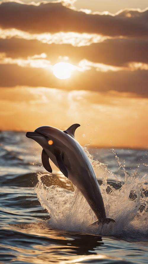 Seekor lumba-lumba lucu melompat keluar dari lautan berkilauan saat matahari terbenam, dengan sinar matahari terbenam di cakrawala.