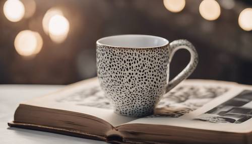 Mug kopi keramik berkelas dengan motif motif macan tutul putih diletakkan di samping buku.
