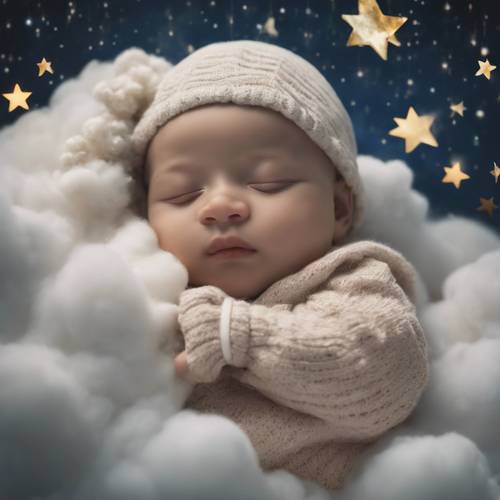 An infant sleeping peacefully, dreaming on a soft cloud with moon and stars in the background.