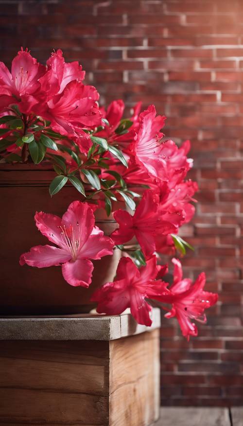 Red Azalea flowers in a rustic wooden pot against a brick wall.