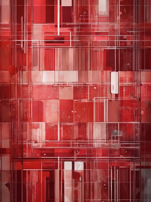 A large canvas with abstract geometric shapes, squares, and circles in variations of red.