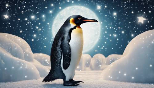 Art Deco penguin standing tall on an abstract ice formation against a starry night sky