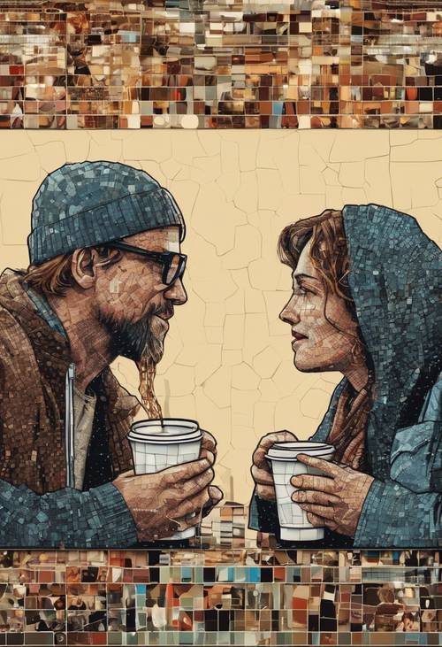 An expressive mosaic depicting a comic strip style conversation between two people drinking coffee.