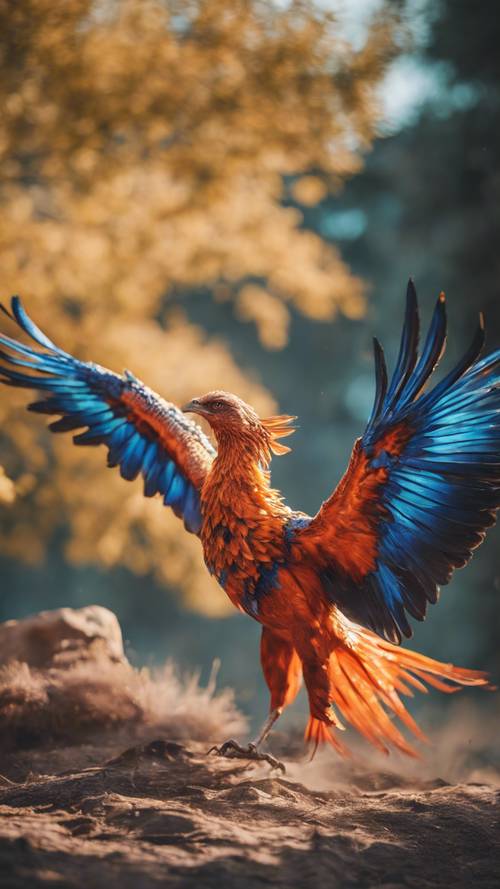 一只长着翅膀的凤凰，身披鲜艳的橙色和蓝色，在荒野中俯冲捕捉猎物。