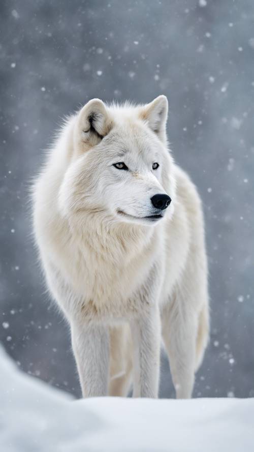새하얀 털을 지닌 북극 늑대는 삭막하고 하얀 눈보라 속으로 매끄럽게 섞여 있으며, 차갑고 밝은 눈만이 그 존재에 대한 유일한 힌트입니다.