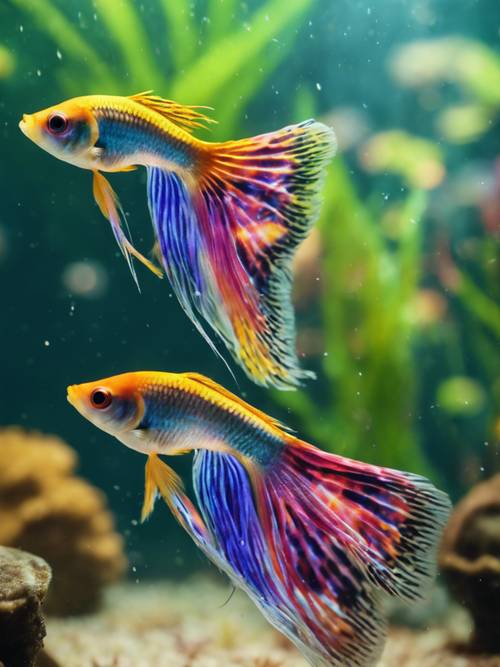 Guppy con la coda color arcobaleno che nuotano in un acquario d&#39;acqua dolce.