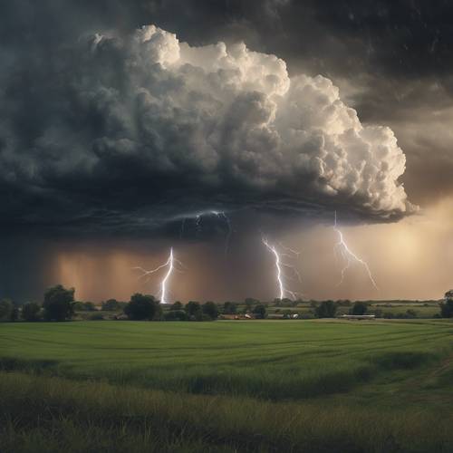 Un dipinto realistico di un temporale che si avvicina con cumulonembi scuri che incombono su un sereno terreno agricolo.