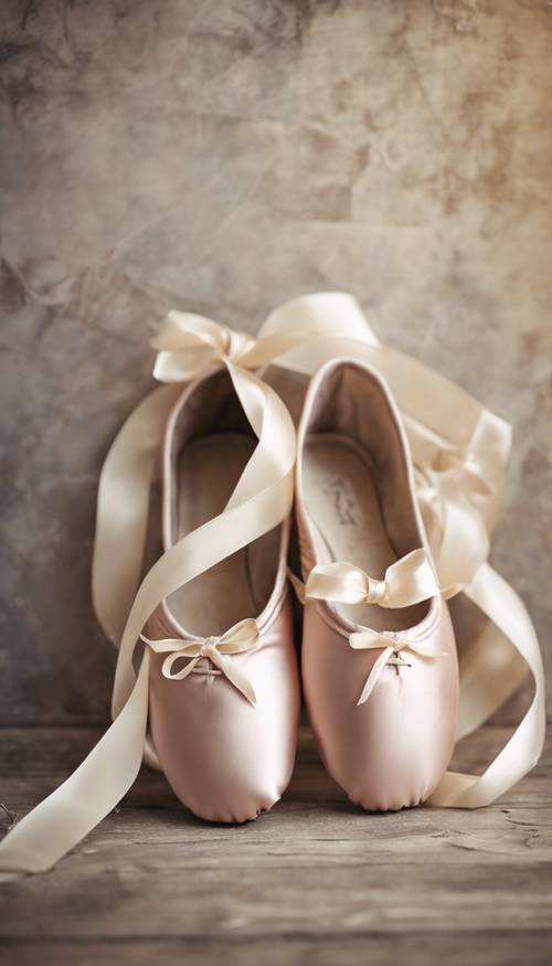 A pair of ballet shoes with cream silk ribbons against a vintage backdrop.