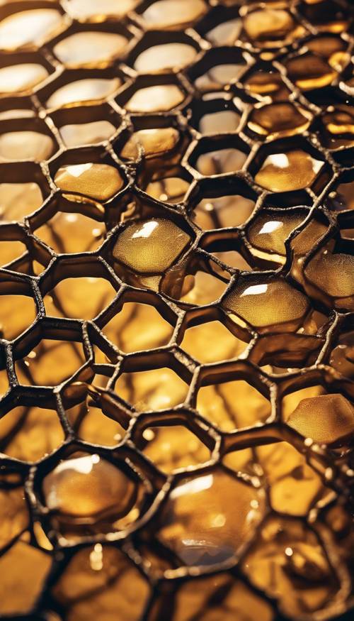 Black honeycomb partially wet with golden honey glistening in the morning light. Tapeta [a305f68cd87547bf9756]