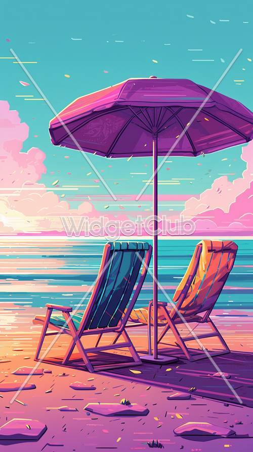 כסאות חוף צבעוניים מתחת למטריה סגולה בשקיעה