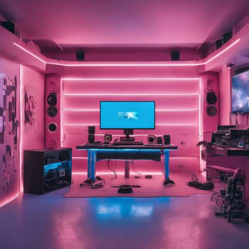 Uma sala de jogos minimalista em rosa e azul com configuração de monitor panorâmico.
