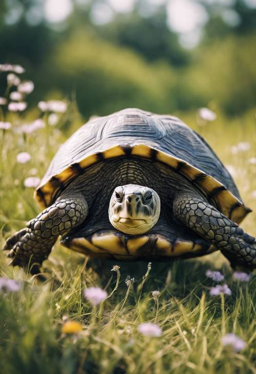 Красивая черепаха гуляет по травянистому лугу с полевыми цветами.
