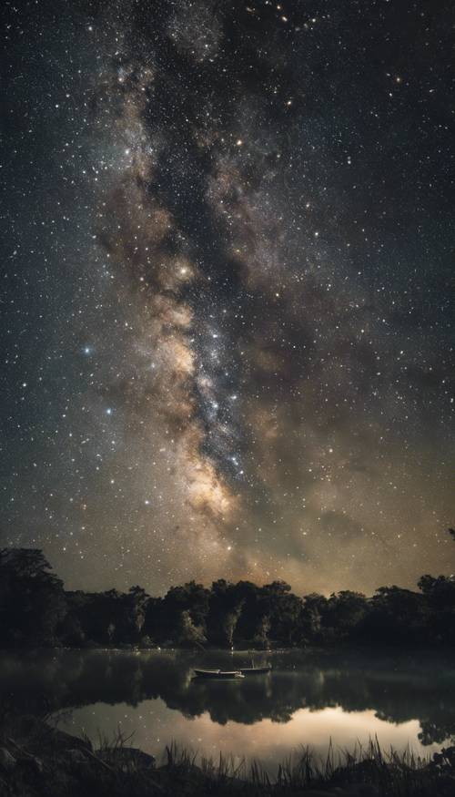 Một đầm đen dưới bầu trời đêm đầy sao với dải Ngân hà có thể nhìn thấy được.